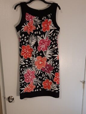 Black Floral Sleeveless Shift Dress with Pink & Orange Blooms